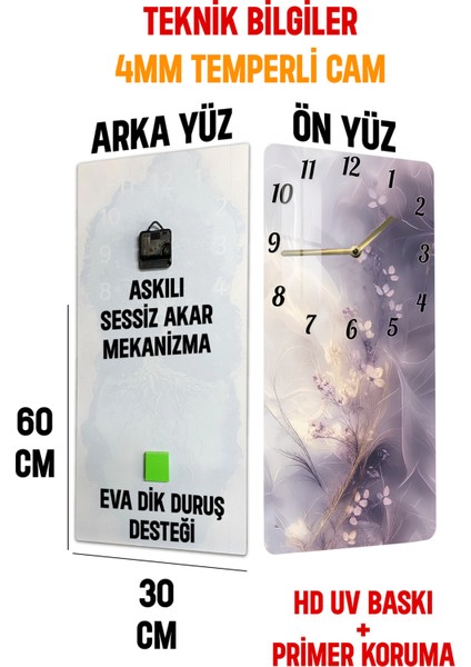 Mor Pastel Yaprak Desenli Temperli Cam Tablo Saat 30×60 cm Hd Uv Baskı– CUSD236