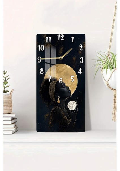 Temperli Cam Tablo Saat – Altın Ay ve Kadın Silüeti Temalı Tasarım (30X60 Cm)– Uv Baskı– CUSD123