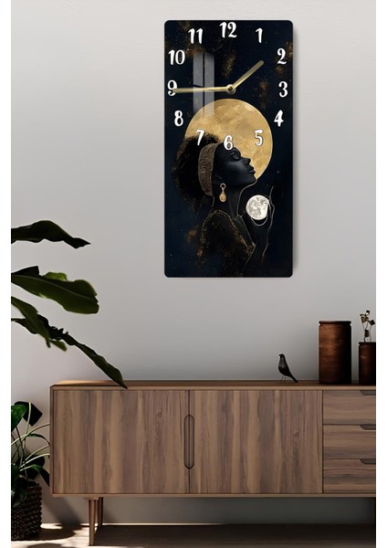 Temperli Cam Tablo Saat – Altın Ay ve Kadın Silüeti Temalı Tasarım (30X60 Cm)– Uv Baskı– CUSD123 fiyatları