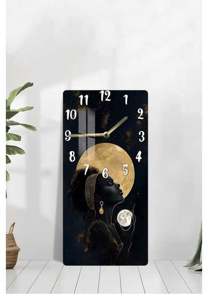 Temperli Cam Tablo Saat – Altın Ay ve Kadın Silüeti Temalı Tasarım (30X60 Cm)– Uv Baskı– CUSD123 modelleri