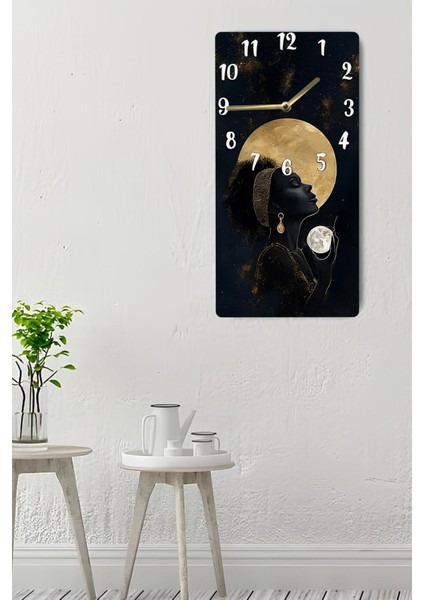Temperli Cam Tablo Saat – Altın Ay ve Kadın Silüeti Temalı Tasarım (30X60 Cm)– Uv Baskı– CUSD123 indirimleri