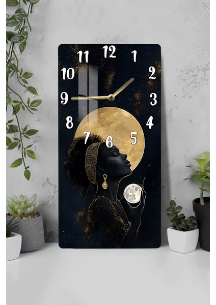 Temperli Cam Tablo Saat – Altın Ay ve Kadın Silüeti Temalı Tasarım (30X60 Cm)– Uv Baskı– CUSD123