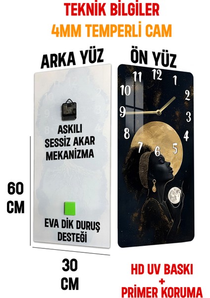 Temperli Cam Tablo Saat – Altın Ay ve Kadın Silüeti Temalı Tasarım (30X60 Cm)– Uv Baskı– CUSD123