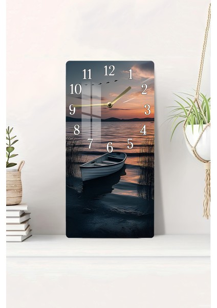 Temperli Cam Tablo Saat – Gün Batımı ve Tekne Detaylı 30X60 Uv Baskı – CUSD045