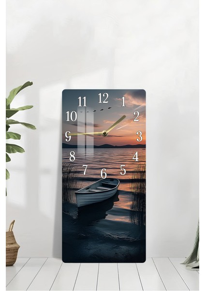 Temperli Cam Tablo Saat – Gün Batımı ve Tekne Detaylı 30X60 Uv Baskı – CUSD045 modelleri