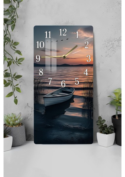 Temperli Cam Tablo Saat – Gün Batımı ve Tekne Detaylı 30X60 Uv Baskı – CUSD045