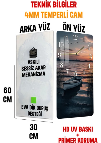 Temperli Cam Tablo Saat – Gün Batımı ve Tekne Detaylı 30X60 Uv Baskı – CUSD045