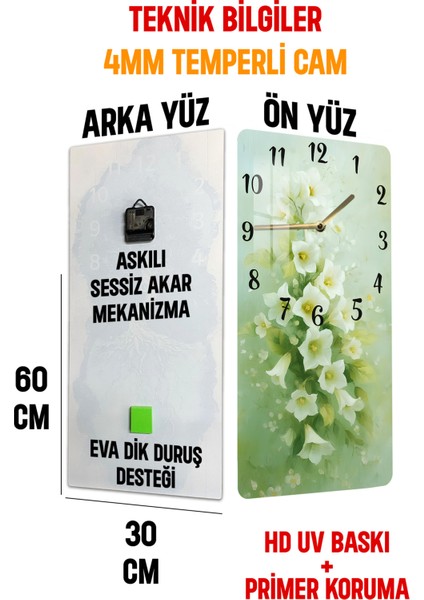 Beyaz Çiçek Demeti Desenli Temperli Cam Tablo Saat 30×60 Cmhd Uv Baskı– CUSD225