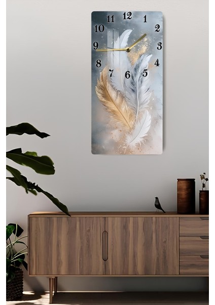 Tüy Desenli Temperli Cam Tablo Saat 30X60 cm | Hd Uv Baskı– CUSD192 fiyatları