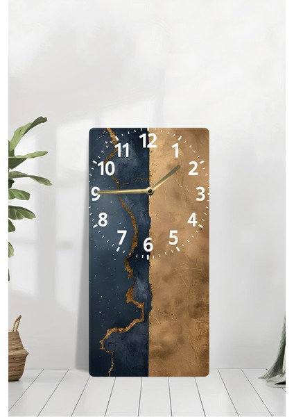 Temperli Cam Tablo Saat – Lacivert & Gold Soyut Doku Tasarımı (30×60 Cm)– Uv Baskı– CUSD129 modelleri