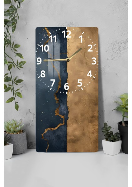 Temperli Cam Tablo Saat – Lacivert & Gold Soyut Doku Tasarımı (30×60 Cm)– Uv Baskı– CUSD129