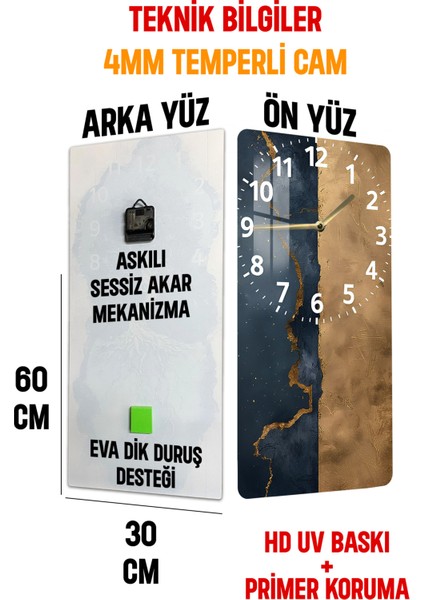 Temperli Cam Tablo Saat – Lacivert & Gold Soyut Doku Tasarımı (30×60 Cm)– Uv Baskı– CUSD129