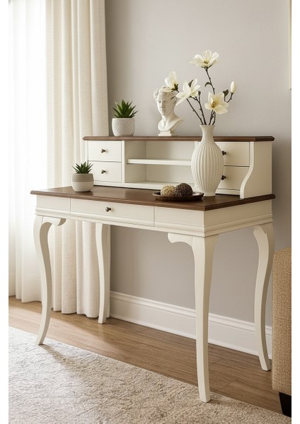 120 cm 5 Çekmeceli Masif Beyaz Ceviz Raflı Çalışma Masası