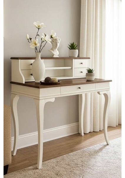 120 cm 5 Çekmeceli Masif Beyaz Ceviz Raflı Çalışma Masası modelleri