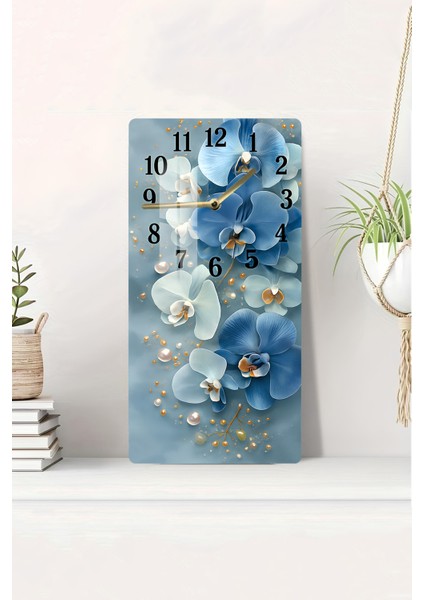 Mavi Orkide Çiçek Desenli Temperli Cam Tablo Saat – 30×60 Cm– Uv Baskı– CUSD143