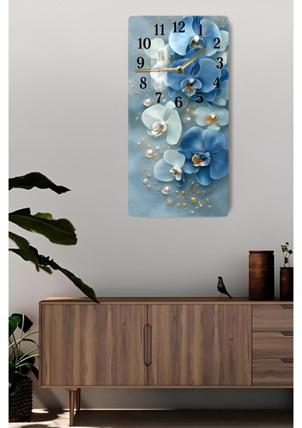 Mavi Orkide Çiçek Desenli Temperli Cam Tablo Saat – 30×60 Cm– Uv Baskı– CUSD143 fiyatları