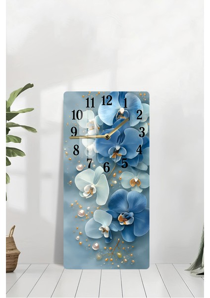 Mavi Orkide Çiçek Desenli Temperli Cam Tablo Saat – 30×60 Cm– Uv Baskı– CUSD143 modelleri