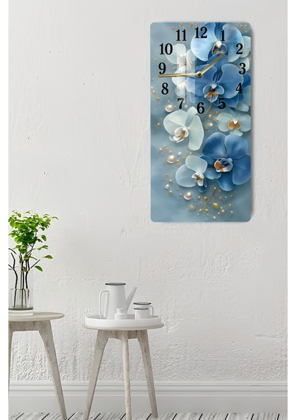 Mavi Orkide Çiçek Desenli Temperli Cam Tablo Saat – 30×60 Cm– Uv Baskı– CUSD143 indirimleri
