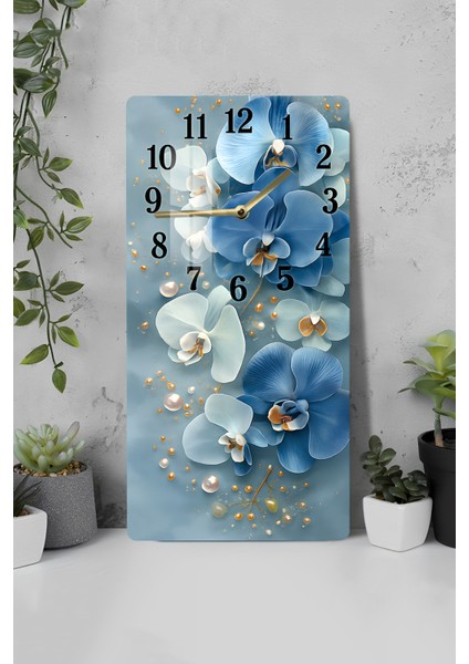 Mavi Orkide Çiçek Desenli Temperli Cam Tablo Saat – 30×60 Cm– Uv Baskı– CUSD143