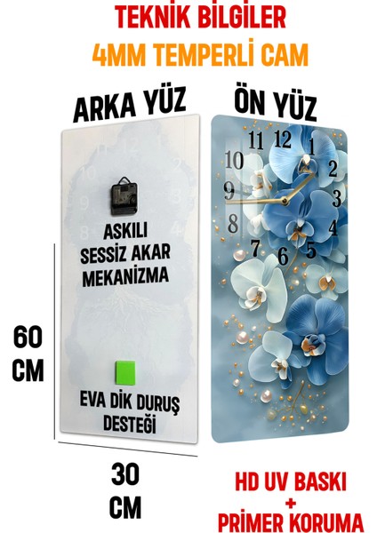 Mavi Orkide Çiçek Desenli Temperli Cam Tablo Saat – 30×60 Cm– Uv Baskı– CUSD143