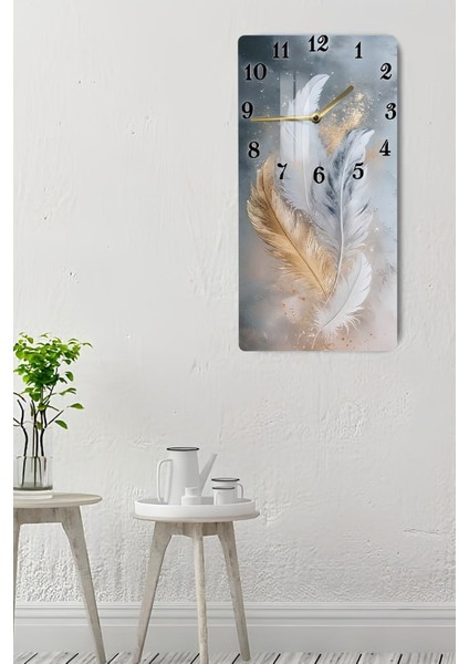 Tüy Desenli Temperli Cam Tablo Saat 30X60 cm | Hd Uv Baskı– CUSD192 indirimleri