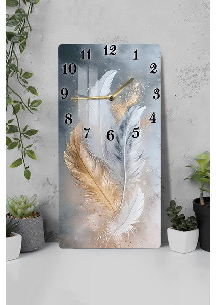 Tüy Desenli Temperli Cam Tablo Saat 30X60 cm | Hd Uv Baskı– CUSD192