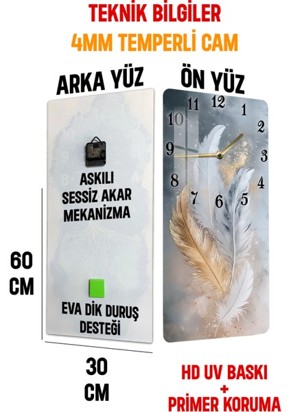 Tüy Desenli Temperli Cam Tablo Saat 30X60 cm | Hd Uv Baskı– CUSD192