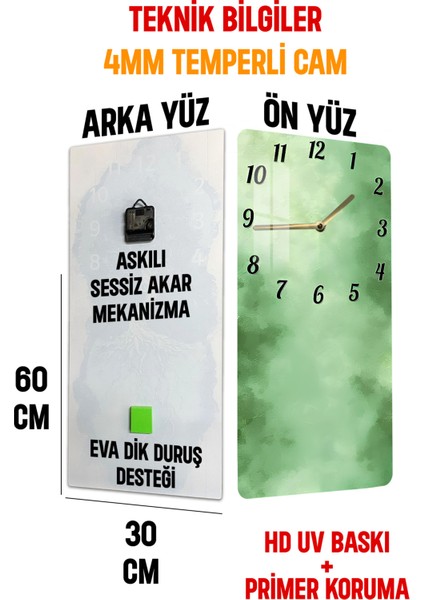 Yeşil Doku Desenli Temperli Cam Tablo Saat – 33X33 cm | Hd Uv Baskı– CUSD084