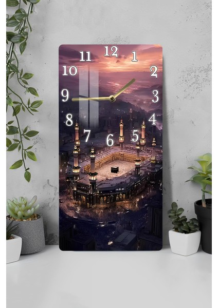 Kâbe ve Gün Batımı Manzaralı Temperli Cam Tablo Saat 30X60 cm | Hd Uv Baskı– CUSD178