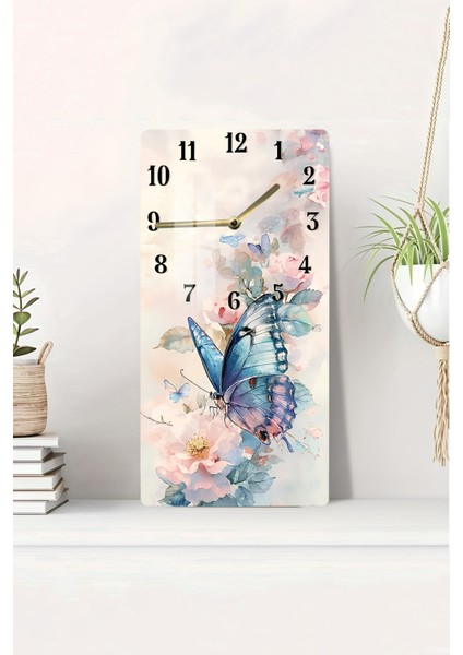 Mavi Kelebek ve Çiçek Desenli Temperli Cam Tablo Saat – 30X60 cm | Hd Uv Baskı– CUSD160