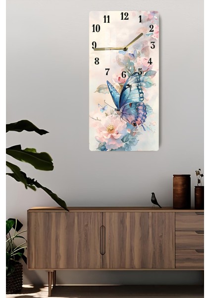 Mavi Kelebek ve Çiçek Desenli Temperli Cam Tablo Saat – 30X60 cm | Hd Uv Baskı– CUSD160 fiyatları