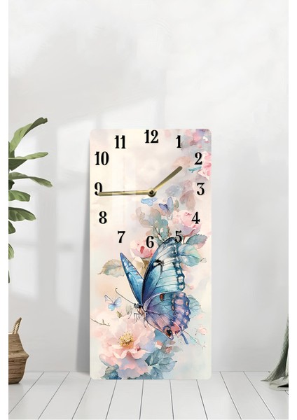 Mavi Kelebek ve Çiçek Desenli Temperli Cam Tablo Saat – 30X60 cm | Hd Uv Baskı– CUSD160 modelleri