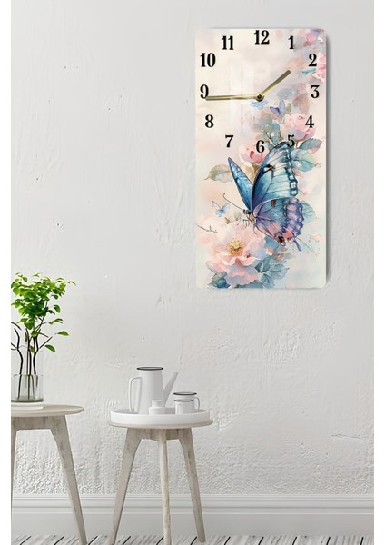 Mavi Kelebek ve Çiçek Desenli Temperli Cam Tablo Saat – 30X60 cm | Hd Uv Baskı– CUSD160 indirimleri