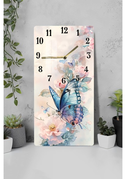 Mavi Kelebek ve Çiçek Desenli Temperli Cam Tablo Saat – 30X60 cm | Hd Uv Baskı– CUSD160