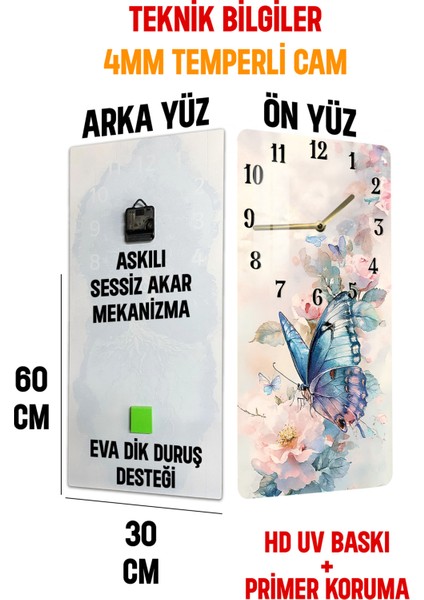 Mavi Kelebek ve Çiçek Desenli Temperli Cam Tablo Saat – 30X60 cm | Hd Uv Baskı– CUSD160