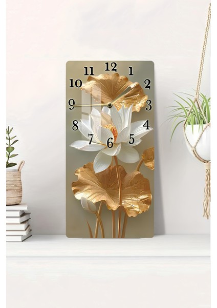 Temperli Cam Tablo Saat – Altın Detaylı Lotus Çiçeği Tasarımı (30×60 Cm)– Uv Baskı– CUSD127