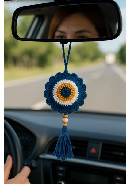 Amigurumi Araba Dikiz Aynası Süsü & Anahtarlık & Çanta Askısı - El Örgüsü Lacivert Nazar Boncuğu