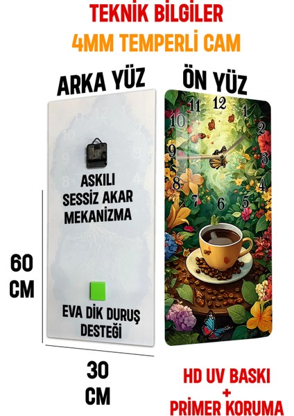 Temperli Cam Tablo Saat – Kahve Fincanı ve Doğa Esintili 30X60 Uv Baskı – CUSD042