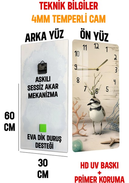 Temperli Cam Tablo Saat – Deniz Temalı Kuş Desenli 30X60CM Uv Baskı – CUSD002