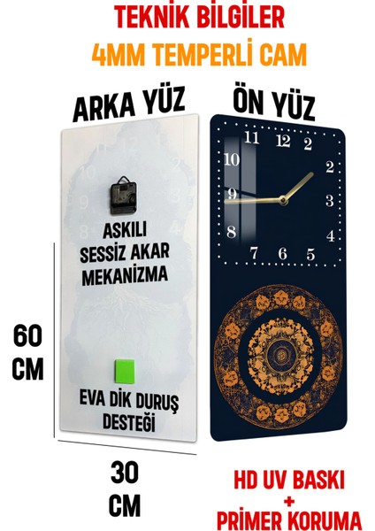 Lacivert Zeminli Altın Mandala Desenli Temperli Cam Tablo Saat 30×60 cm Hd Uv Baskı– CUSD230