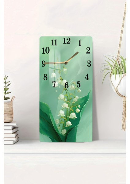 Zambak Çiçeği Temalı Yeşil Arka Planlı Temperli Cam Tablo Saat 30×60 cm Hd Uv Baskı– CUSD224
