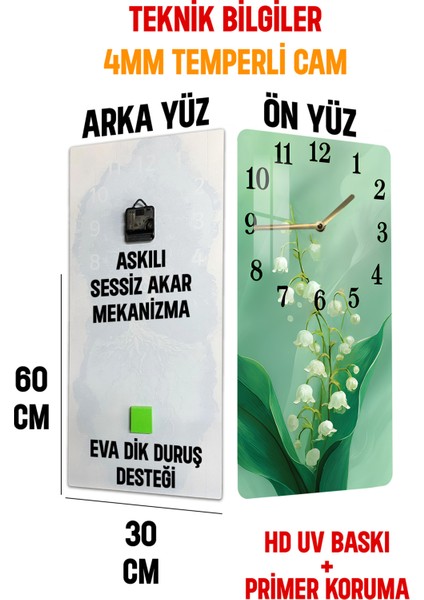 Zambak Çiçeği Temalı Yeşil Arka Planlı Temperli Cam Tablo Saat 30×60 cm Hd Uv Baskı– CUSD224