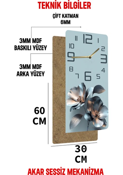 Dekoratif Mdf Tablo Saat – Çiçek Desenli, Uv Baskı, 30X60 Cm– USD242