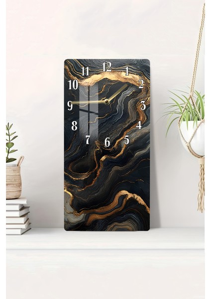 Temperli Cam Tablo Saat – Siyah Altın Damarlı Mermer Desenli Tasarım (30X60 Cm)– Uv Baskı– CUSD119