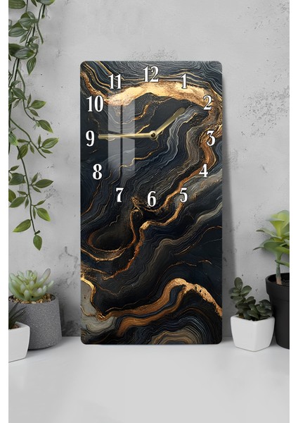 Temperli Cam Tablo Saat – Siyah Altın Damarlı Mermer Desenli Tasarım (30X60 Cm)– Uv Baskı– CUSD119