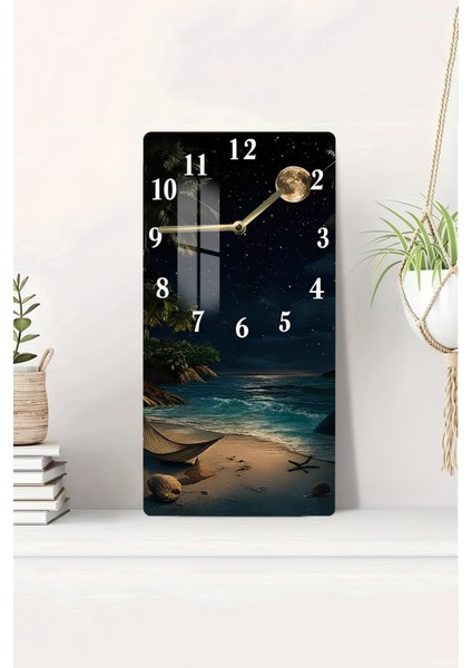 Gece Manzaralı Ay Işığı Sahil Temalı Temperli Cam Duvar Saati – 33X33 cm | Uv Baskı– CUSD077