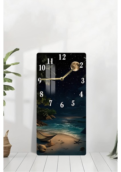 Gece Manzaralı Ay Işığı Sahil Temalı Temperli Cam Duvar Saati – 33X33 cm | Uv Baskı– CUSD077 modelleri