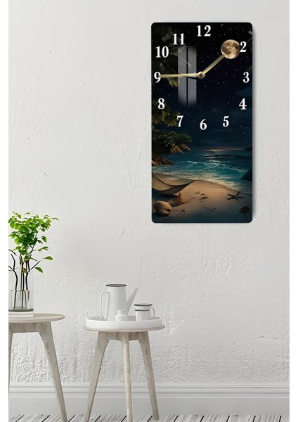 Gece Manzaralı Ay Işığı Sahil Temalı Temperli Cam Duvar Saati – 33X33 cm | Uv Baskı– CUSD077 indirimleri