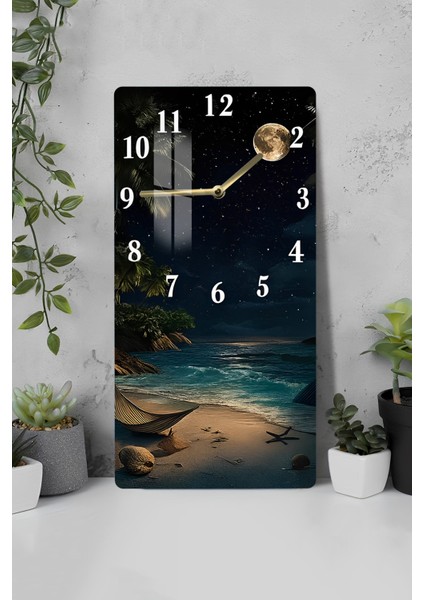 Gece Manzaralı Ay Işığı Sahil Temalı Temperli Cam Duvar Saati – 33X33 cm | Uv Baskı– CUSD077