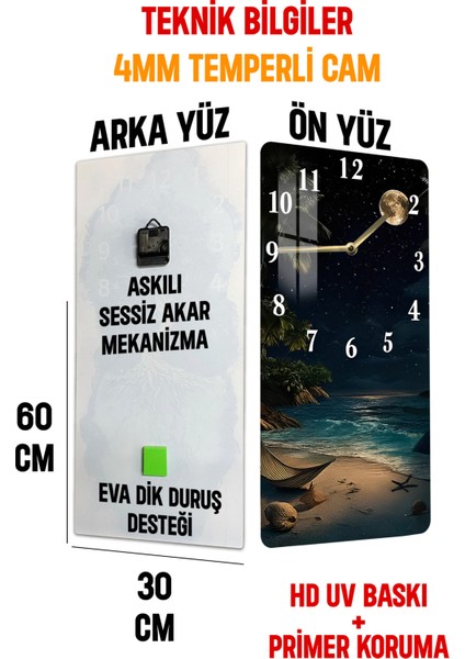 Gece Manzaralı Ay Işığı Sahil Temalı Temperli Cam Duvar Saati – 33X33 cm | Uv Baskı– CUSD077
